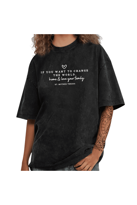 Women's Simple Outline Heart Religious Family Positive Quote Graphic Washed Short Sleeve T-Shirt Cotton Tops