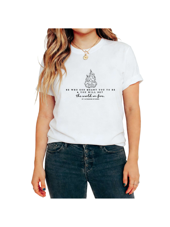 Women's Single Line Sketch Flame Mix Serif Cursive Saint Faith Inspirational Quote Graphic Commuting Short Sleeve T-Shirt
