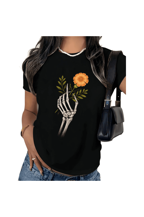 Women's Skeleton Hand Holding Flower Graphic Short Sleeve T-Shirt Gothic Floral Cotton Crewneck Top