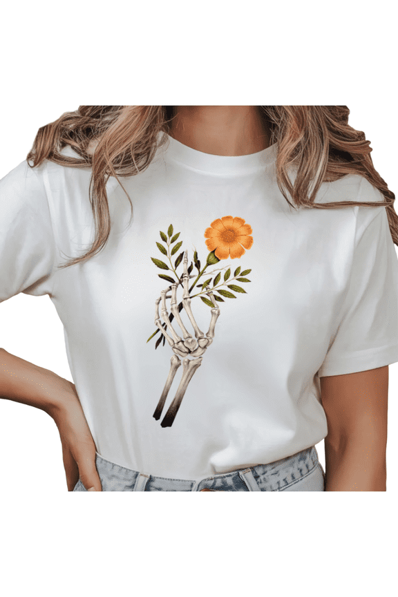 Women's Skeleton Hand Holding Orange Flower Graphic Short Sleeve T-Shirt Casual Cotton Crewneck Top
