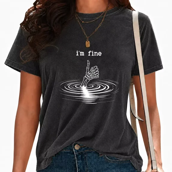 UNISHE Women's Skeleton Thumbs Up Print T-Shirts I'm Fine Graphic Tees Washed Vintage Casual Streetwear Tops Black, M