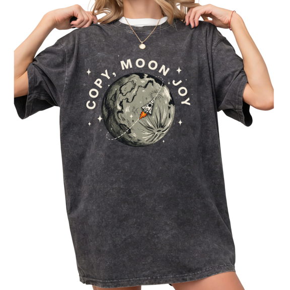 UNISHE Women's Sketch Moon Rocket Orbit Copy Moon Joy Star Celestial Washed T-shirt Relaxed Fit