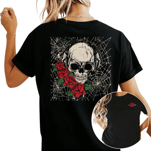 UNISHE Women's Skull with Roses and Spiderweb Graphic Short Sleeve T-Shirt Casual Cotton Crewneck Top