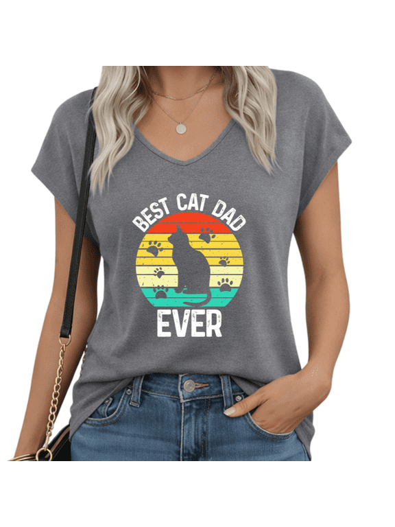 Women's Sleeveless V-Neck Retro Cat Silhouette Tee Vintage Sunset Paw Print Graphic Top