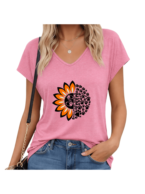 Women's Sleeveless V-Neck Sunflower Paw Print T-Shirt Cute Dog Mom Mama Graphic Tee Casual Summer Pet Lover Top