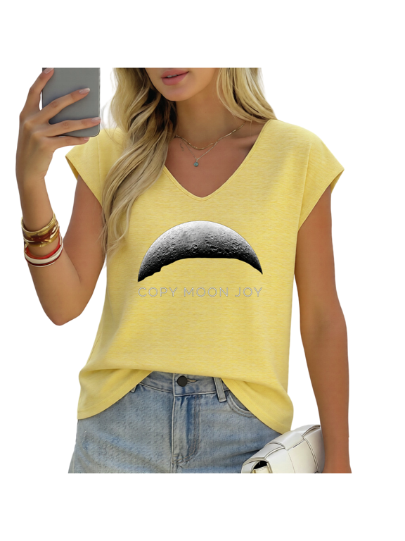 Women's Sleeveless V-Neck Tee with Minimalist Moon Arc Graphic–Clean Celestial Top for Modern Aesthetic