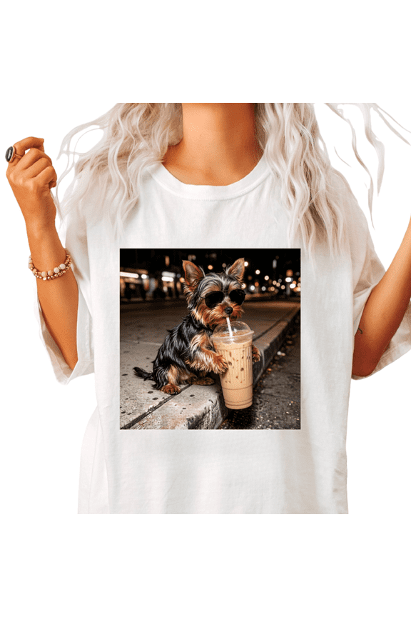 Women's Small Dog Lover Trendy Yorkie Sipping Boba Urban Night Graphic Short-Sleeve T-Shirt White Size S-5XL Crewneck Tops