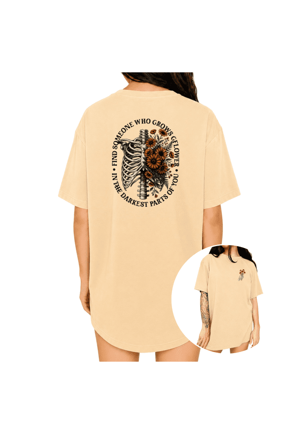 Women's Soft Vintage Circular Text Rib Skeleton Mixed Autumn Bloom Sunflower Dark Soul Graphic Short Sleeve T-Shirts Apricot Tops