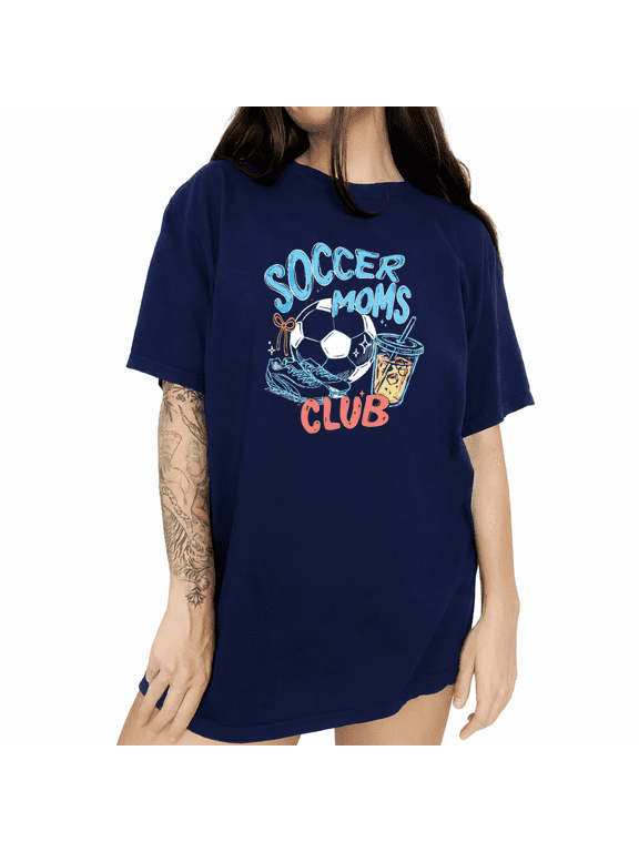 Women's Soft Worn Pastel Vintage Soccer Mom Squad Football Bow Graphic Short Sleeve T-Shirts Navy Blue Tops
