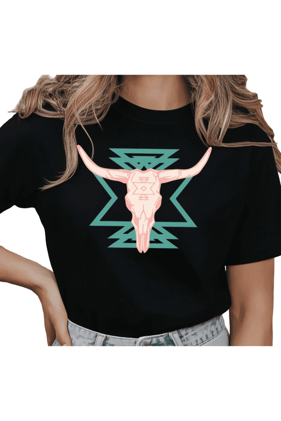 Women's "Southwestern Bull Skull" Turquoise & Pink Graphic Short Sleeve T-Shirt Casual Cotton Crewneck Top