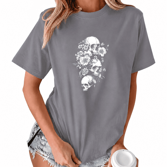 UNISHE Women's Stacked Skulls Graphic Short Sleeve T-Shirt Crewneck Black Floral Art Tee