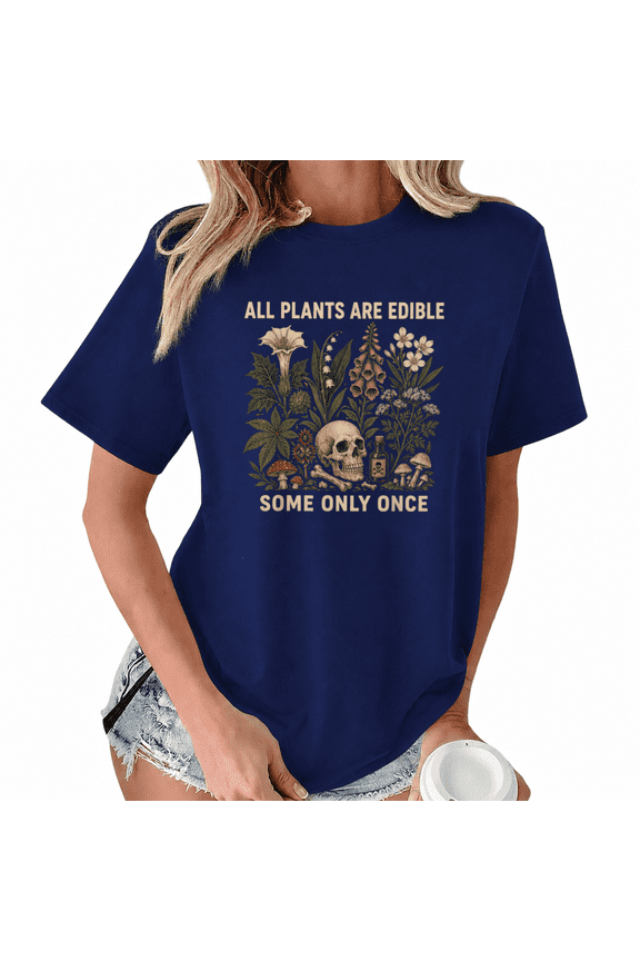 Women's Stacked Skulls Graphic Short Sleeve T-Shirt Crewneck Black Floral Art Tee