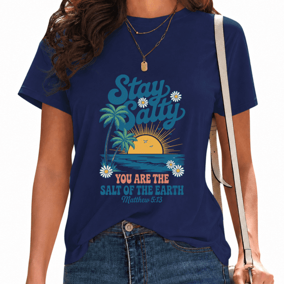UNISHE Women's Stay Salty Graphic T-Shirt Summer Beach Christian Faith Short Sleeve Tee Casual Tops Navy, S