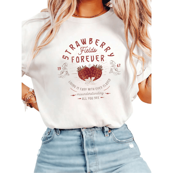 UNISHE Women's Strawberry Fields Forever 1967 Retro Strawberry Graphic Short Sleeve T-Shirt Casual Cotton Crewneck Top White S-5XL