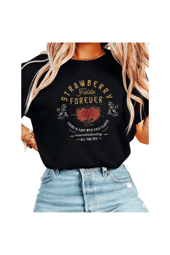 Women's Strawberry Fields Forever 1967 Strawberry Graphic Short Sleeve T-Shirt Casual Cotton Crewneck Top Black S-5XL