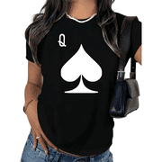UNISHE Womens Streetwear Queen of Spades Graphic Tee Cool Playing Card Short Sleeve Crewneck T-Shirt S-5XL