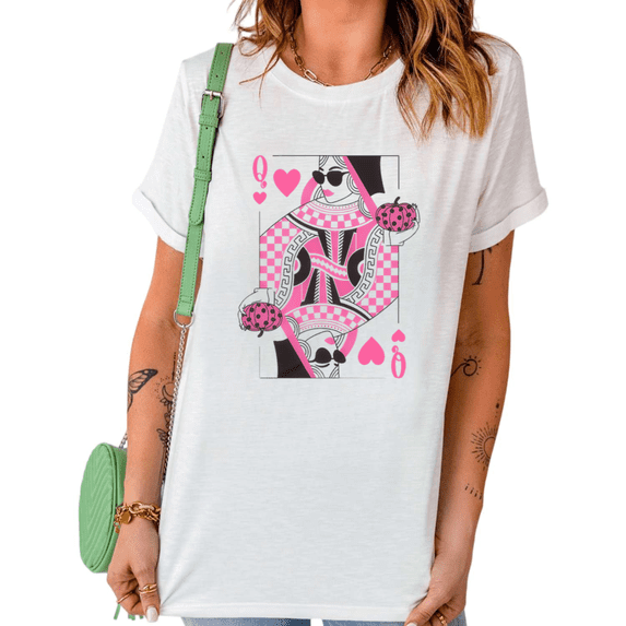 UNISHE Women's Stylish Queen of Hearts with Sunglasses and Watermelon Graphic Crew Neck Short Sleeve T-Shirt