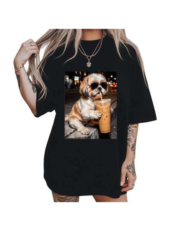 Women's Stylish Sunglass Shih Tzu Sipping Boba Night Street Graphic Short-Sleeve T-Shirt Black Size S-5XL Crewneck Tops