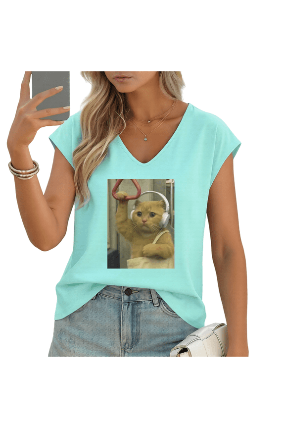 Women's Subway Cat With Headphones Meme V-Neck Sleeveless T-Shirt Breathable Summer Tank Top