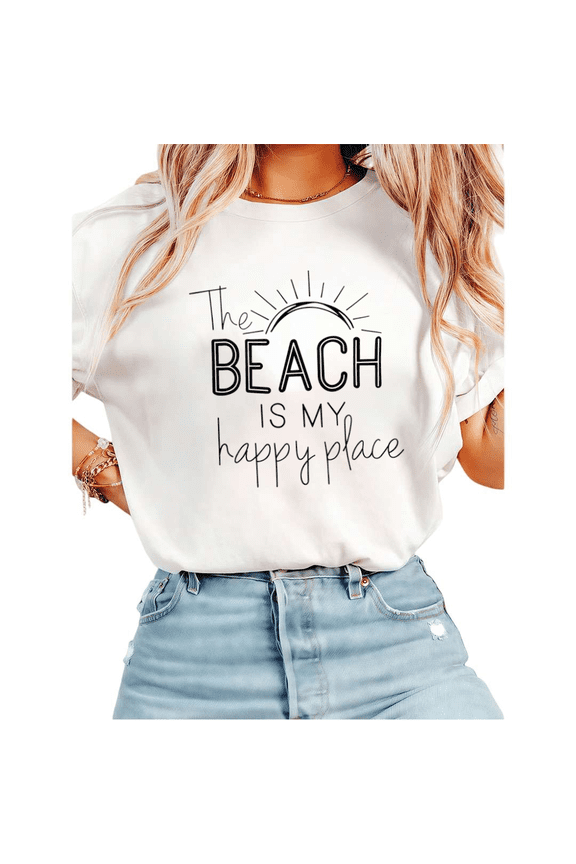 Women's Summer Beach Quote "The Beach Is My Happy Place" Graphic Short Sleeve T-Shirt Soft Cotton Casual Tee