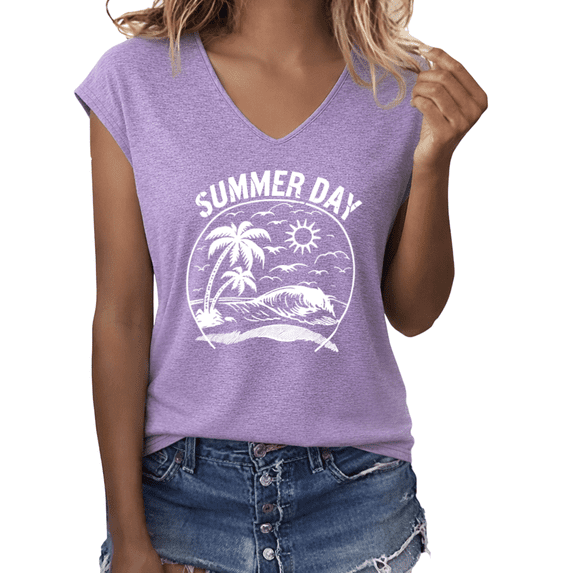 UNISHE Women's Summer Day Palm Tree Ocean Wave Sun Graphic V-Neck Short Sleeve Casual Lightweight Retro Beach Vacation T-Shirt Top