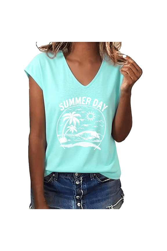 Women's Summer Day Palm Tree Ocean Wave Sun Graphic V-Neck Short Sleeve Casual Lightweight Retro Beach Vacation T-Shirt Top