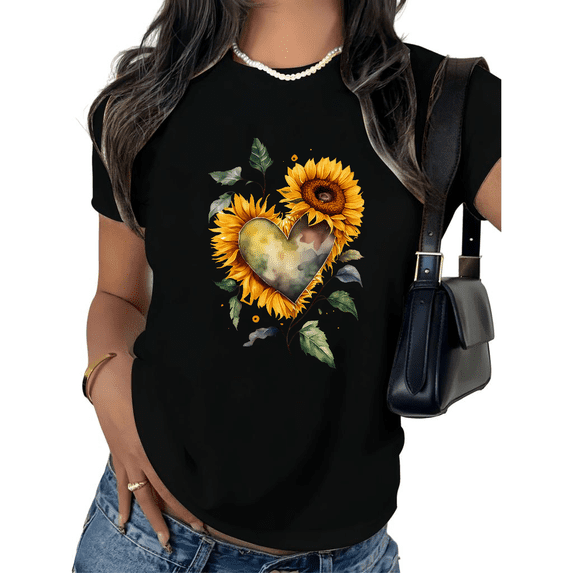 UNISHE Women's Sunflower Heart Watercolor Graphic Short Sleeve T-Shirt Floral Art Cotton Crewneck Top