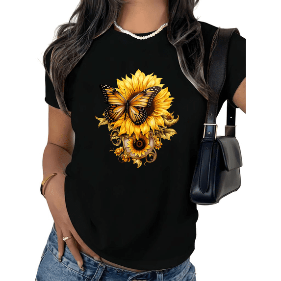 UNISHE Women's Sunflower Monarch Butterfly Vintage Graphic Short Sleeve T-Shirt Retro Floral Cotton Crewneck Top