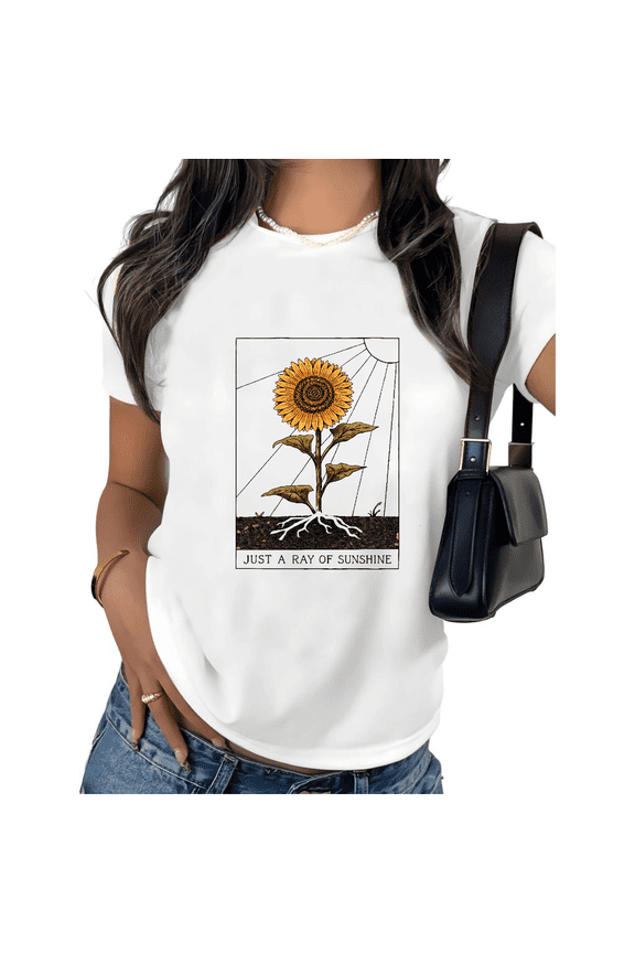 Women's Sunflower Root Graphic Tee Just A Ray Of Sunshine Botanical Print Short Sleeve T-Shirt