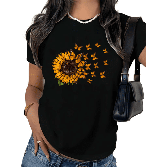UNISHE Women's Sunflower Turning Into Butterflies Graphic Short Sleeve T-Shirt Nature Inspired Metamorphosis Art Cotton Crewneck Top
