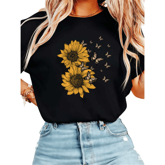 UNISHE Women's Sunflower and Monarch Butterfly Graphic Short Sleeve T-Shirt Casual Cotton Crewneck Top