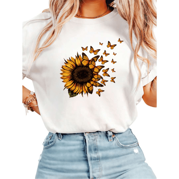 UNISHE Women's Sunflower with Flying Monarch Butterflies Graphic Short Sleeve T-Shirt Casual Cotton Crewneck Top