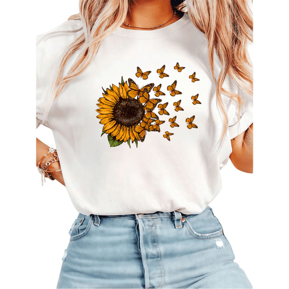 UNISHE Women's Sunflower with Monarch Butterflies Graphic Short Sleeve T-Shirt Casual Cotton Crewneck Top