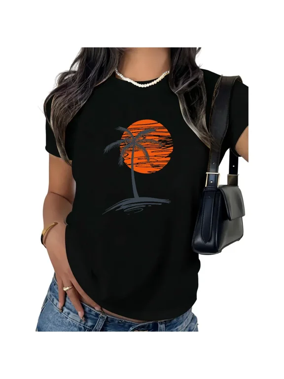 Women's Sunset Palm Tree T-Shirt Summer Beach Vacation Graphic Tee Retro Orange Sun Silhouette Short Sleeve Crewneck Top