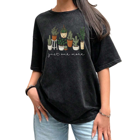 UNISHE Women's T-Shirts Just One More Plant Quote Vintage Washed Short Sleeve Black S-5XL Tops