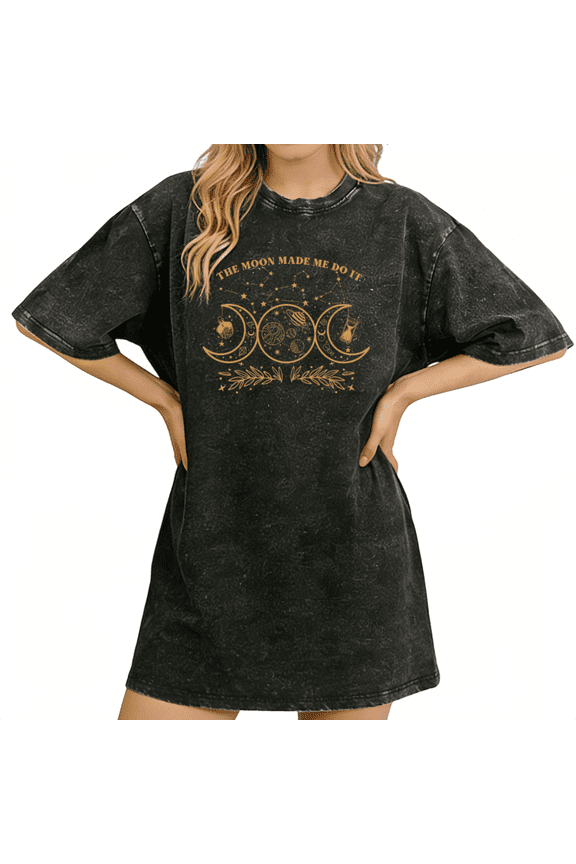 Women's T-Shirts The Moon Made Me Do It Quote Vintage Washed Short Sleeve Black S-5XL Tops