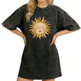 thumbnail image 1 of UNISHE Women's T-Shirts Whimsical Sun Face Artwork Vintage Washed Short Sleeve Black S-5XL Tops, 1 of 5