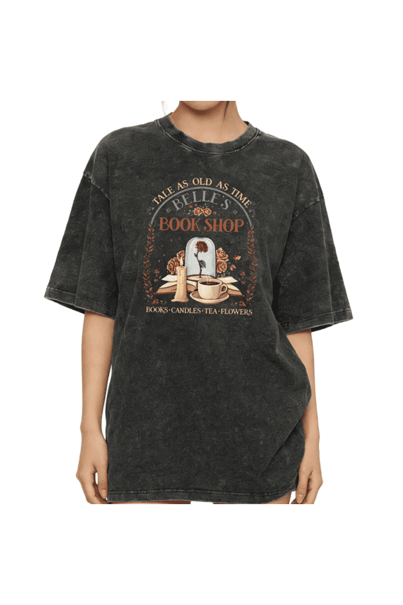Women's "Tale as Old as Time" Belle's Book Shop Vintage Washed T-Shirt Short Sleeve Crewneck Relaxed Fit Tee
