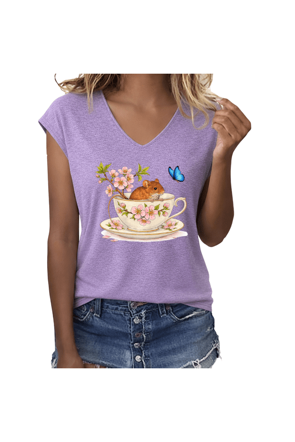 Women's Teacup Mouse Cherry Blossom Butterfly Floral Watercolor Graphic V-Neck Casual T-Shirt Top