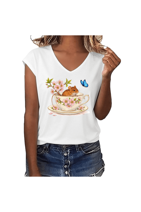 Women's Teacup Mouse Cherry Blossom Butterfly Floral Watercolor Graphic V-Neck Casual T-Shirt Top