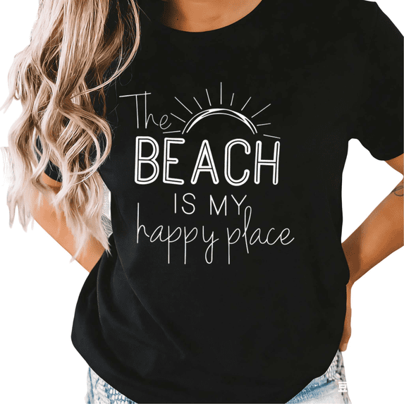 UNISHE Women's "The Beach Is My Happy Place" Graphic Black Short Sleeve T-Shirt Casual Cotton Crewneck Top
