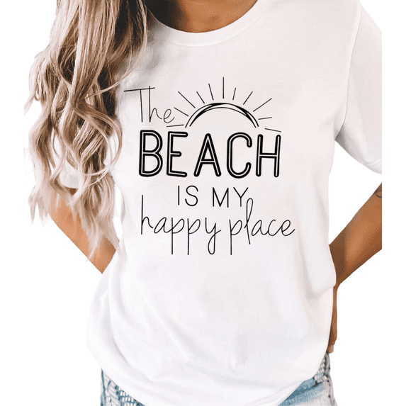 UNISHE Women's "The Beach Is My Happy Place" Graphic White Short Sleeve T-Shirt Casual Cotton Crewneck Top