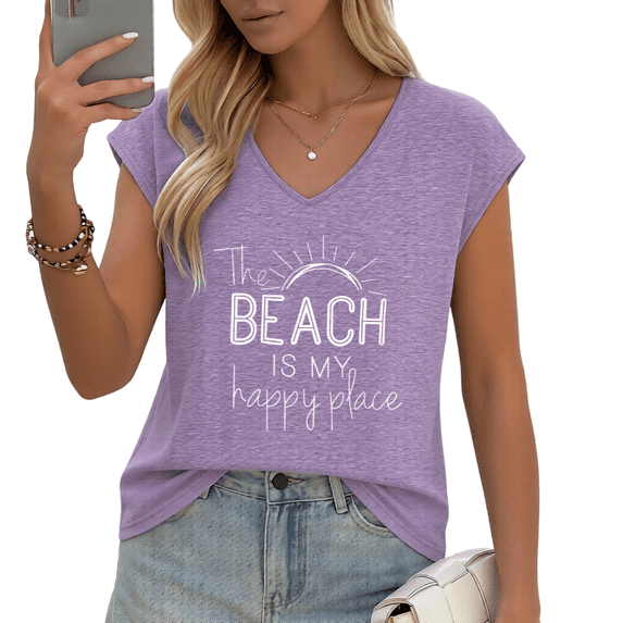 UNISHE Women's "The Beach Is My Happy Place" Quote Print V-Neck Sleeveless T-Shirt Casual Summer Tank Top