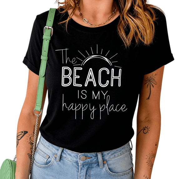 UNISHE Women's The Beach Is My Happy Place Sunshine Graphic Short Sleeve T-Shirt Casual Crewneck Cotton Daily Tee