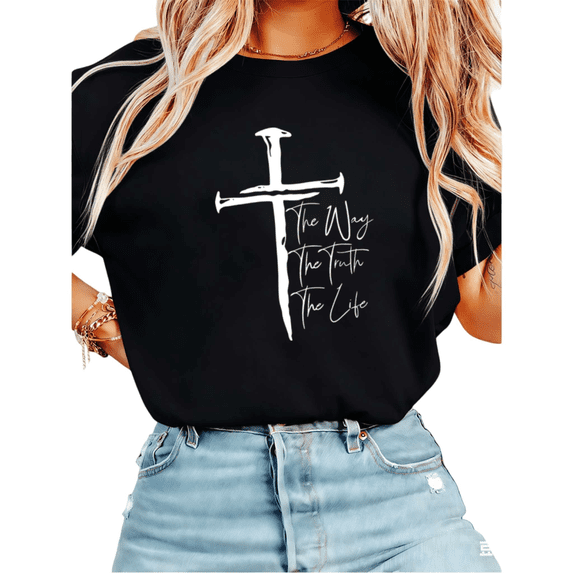 UNISHE Women's The Way The Truth The Life Cross Christian Graphic Short Sleeve T-Shirt Casual Cotton Crewneck Top Black S-5XL
