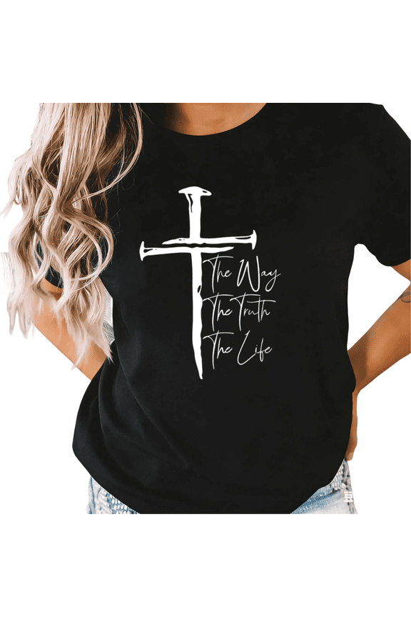 Women's "The Way The Truth The Life" Cross Graphic Black Short Sleeve T-Shirt Casual Cotton Crewneck Top