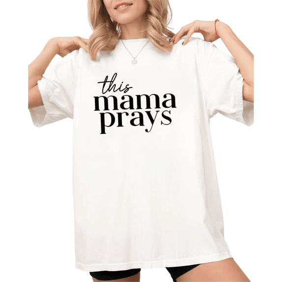 UNISHE Women's "This Mama Prays" Christian Graphic White Short Sleeve T-Shirt S-5XL Simple Crewneck Top