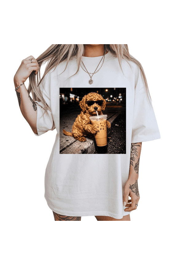 Women's Toy Poodle Lover Chic Eyewear Dog And Iced Boba Graphic Short-Sleeve T-Shirt White Size S-5XL Crewneck Tops
