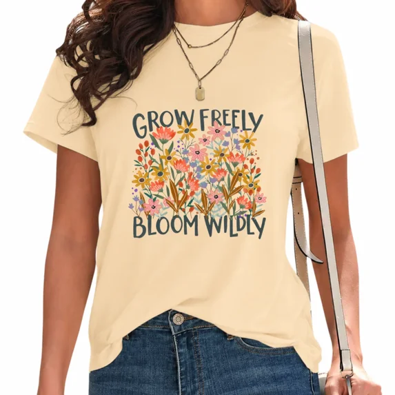 UNISHE Women's Trendy Inspirational Flower Graphic T-Shirt Casual Short Sleeve Top for Daily outfit Beige, 3XL