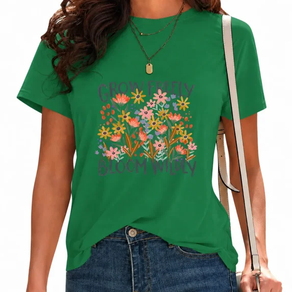 UNISHE Women's Trendy Inspirational Flower Graphic T-Shirt Casual Short Sleeve Top for Daily outfit Green, M
